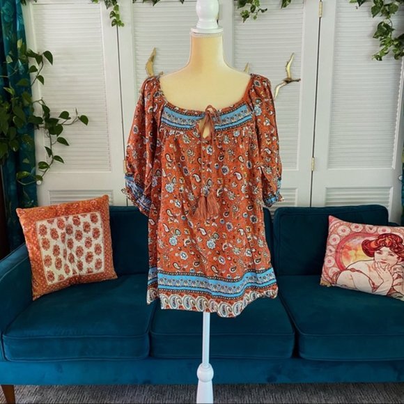 Gigio | Hannah Terracotta Clay Rust Bohemian Peasant Top Tassel Paisley Small - Picture 3 of 14